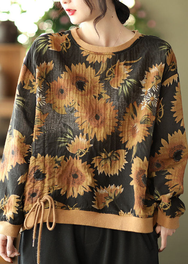 DIY Black O-Neck wrinkled drawstring Floral Print Pullover Sweatshirt Spring