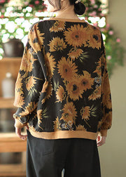 DIY Black O-Neck wrinkled drawstring Floral Print Pullover Sweatshirt Spring