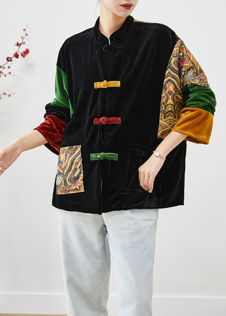 DIY Black Oversized Patchwork Chinese Button Silk Velour Coat Fall