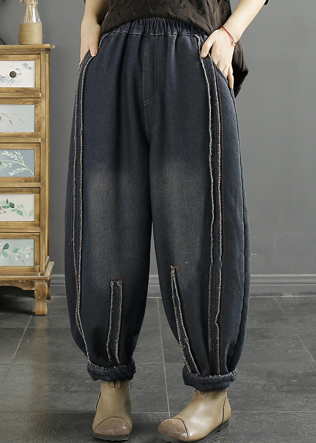 DIY Black Oversized Patchwork Warm Fleece Denim Harem Pants Winter