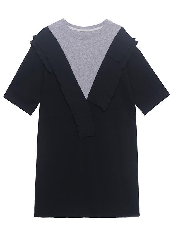 DIY Black Patchwork Grey Cotton Ruffled Summer Dress - SooLinen