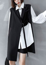DIY Black PeterPan Collar Pockets asymmetrical design Fall Sleeveless Waistcoat