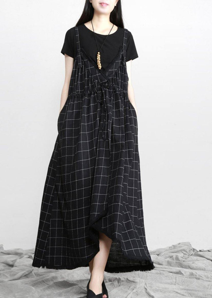 DIY Black Plaid Italian Cotton V Neck Vacation Dresses - SooLinen