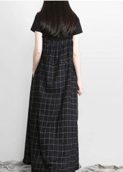 DIY Black Plaid Italian Cotton V Neck Vacation Dresses - SooLinen
