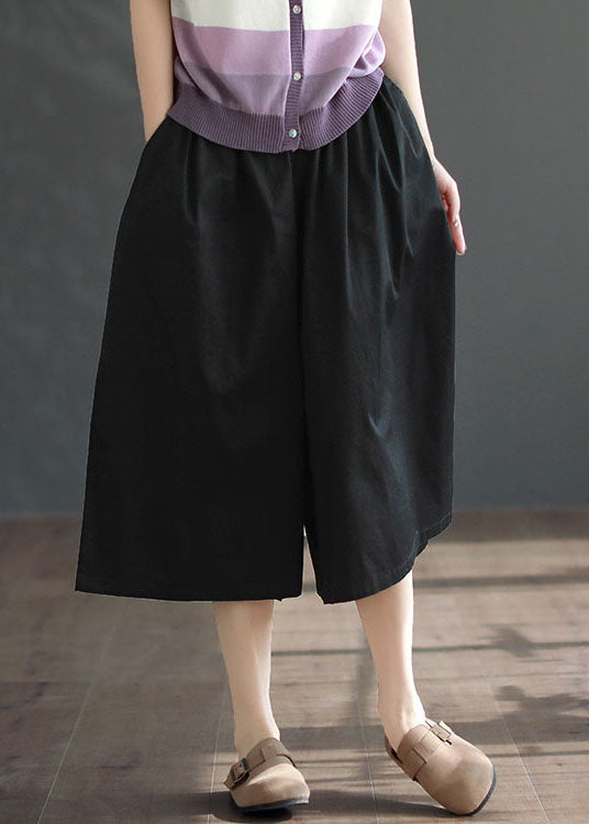 DIY Black Pockets Patchwork Cotton Wide Leg Crop Pants Summer