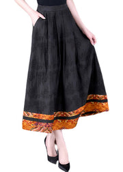 DIY Black Pockets Print High Waist Silk A Line Skirts Fall