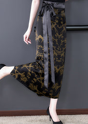 DIY Black Print High Waist Tie Waist Silk Maxi Skirts Fall