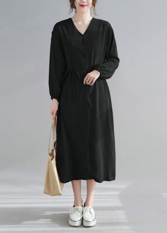DIY Black Quilting Clothes V Neck Drawstring Robes Spring Dress - SooLinen