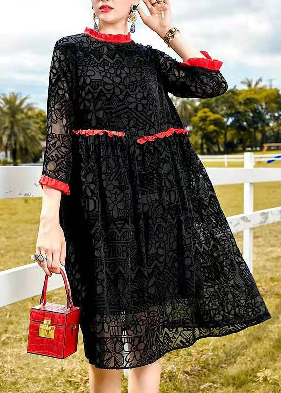 DIY Black Ruffled Floral Velour Dress Spring