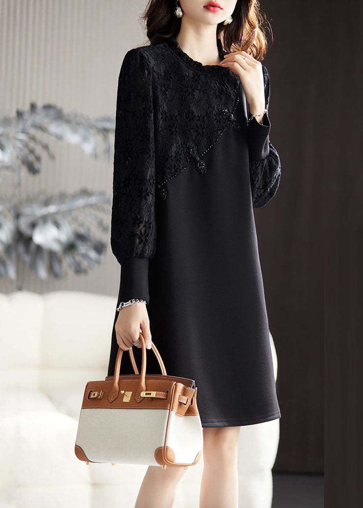 DIY Black Ruffled Lace Patchwork Mid Dresses Long Sleeve