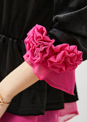 DIY Black Ruffled Patchwork Floral Silk Velour Blouses Spring