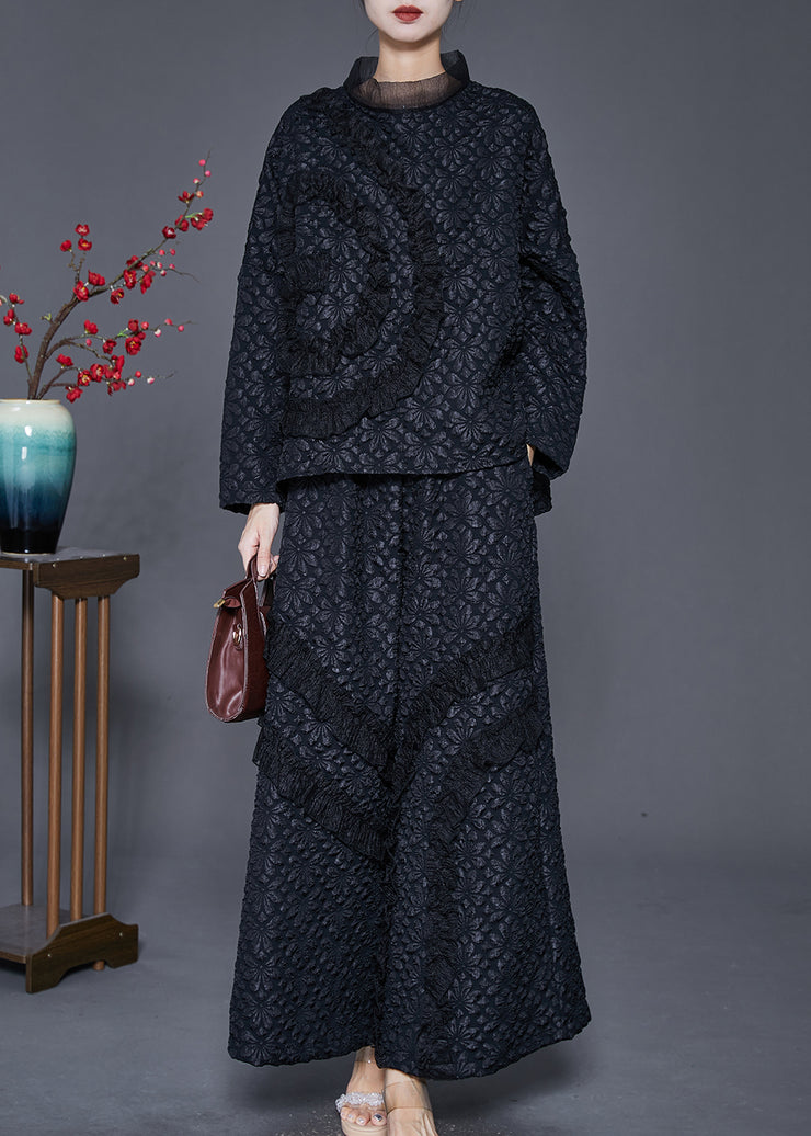 DIY Black Ruffled Patchwork Floral Warm Fleece Two Pieces Set Winter