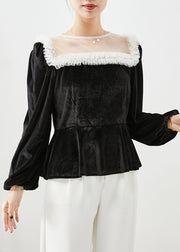 DIY Black Ruffled Patchwork Hollow Out Silk Velour Tops Fall