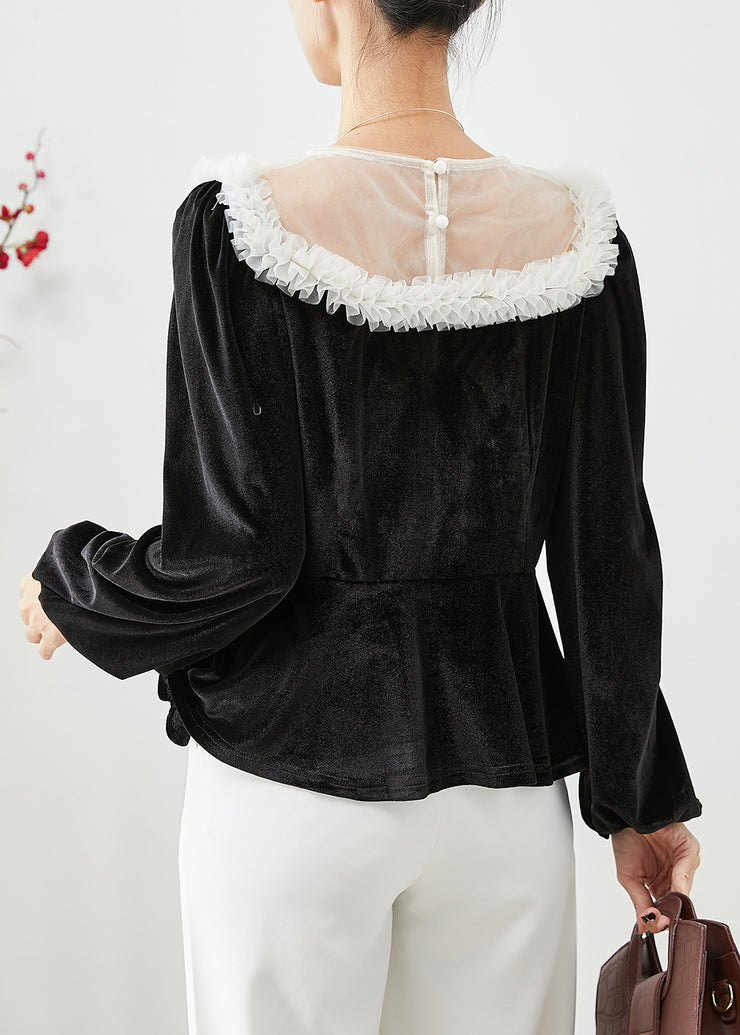 DIY Black Ruffled Patchwork Hollow Out Silk Velour Tops Fall
