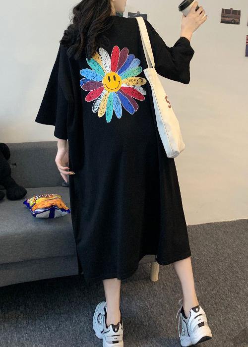 DIY Black Short Sleeve Cotton Sun flower Summer Dresses - SooLinen