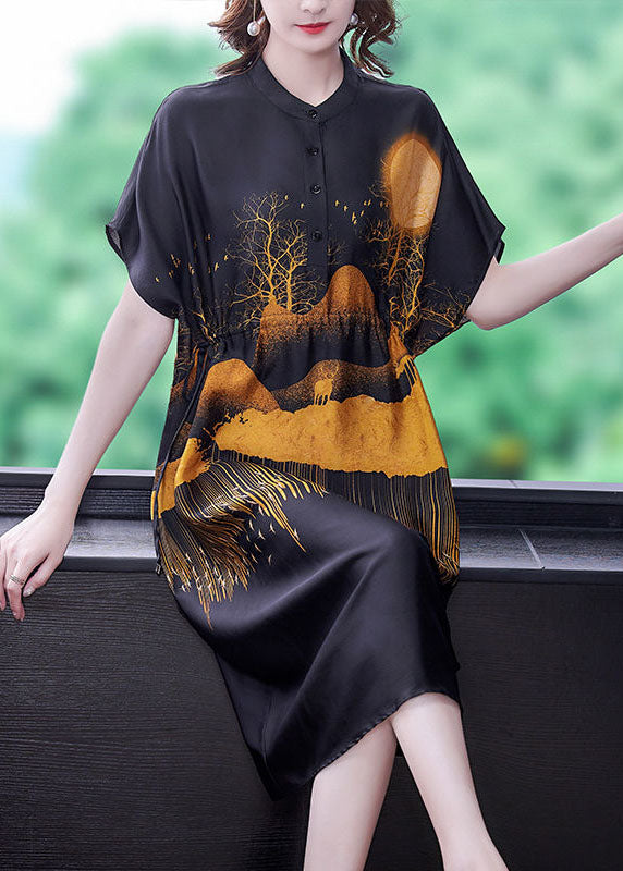 DIY Black Stand Collar Drawstring Print Silk Dresses Summer