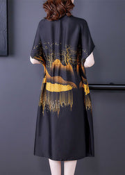 DIY Black Stand Collar Drawstring Print Silk Dresses Summer
