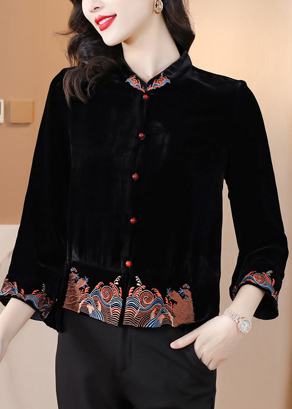 DIY Black Stand Collar Embroidered Silk Velour Coats Fall