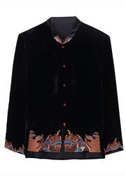 DIY Black Stand Collar Embroidered Silk Velour Coats Fall