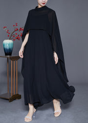 DIY Black Stand Collar Exra Large Hem Chiffon Dress Two Pieces Set Summer