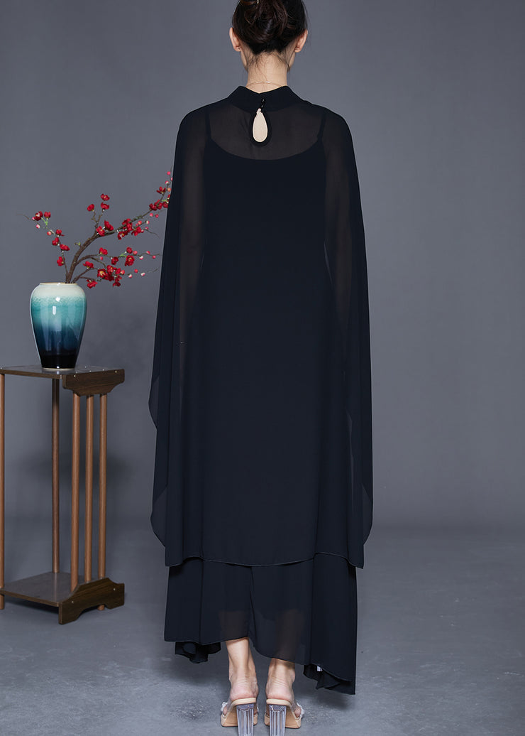 DIY Black Stand Collar Exra Large Hem Chiffon Dress Two Pieces Set Summer