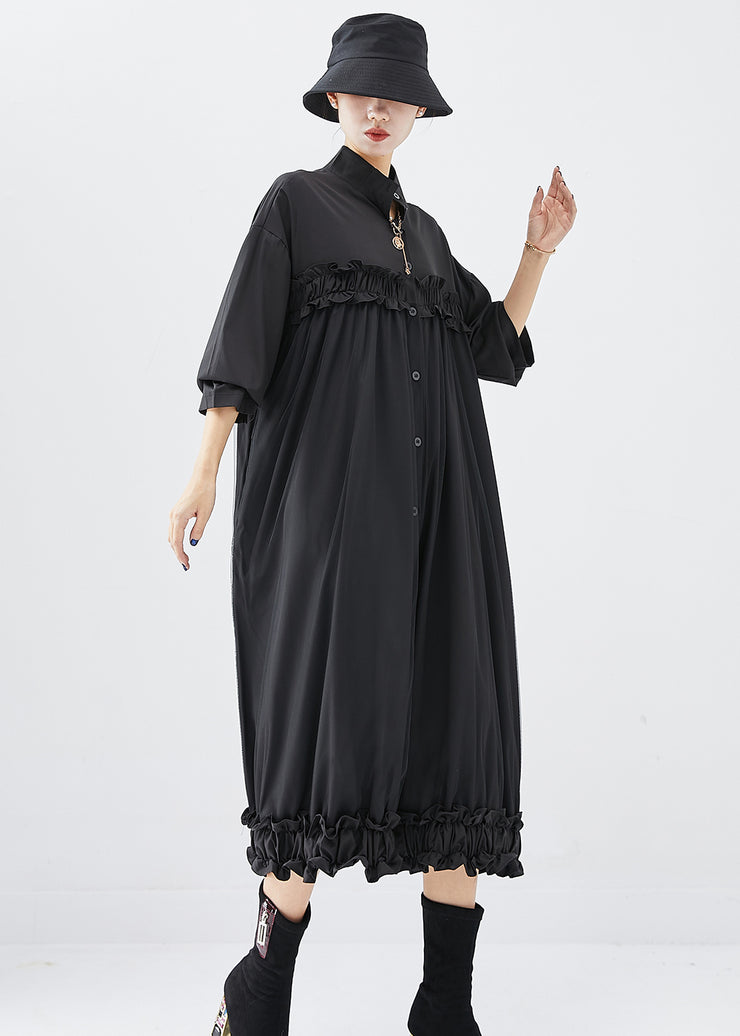 DIY Black Stand Collar Ruffled Cotton Vacation Dresses Fall