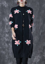 DIY Black Stereoscopic Floral Knit Cardigan Spring
