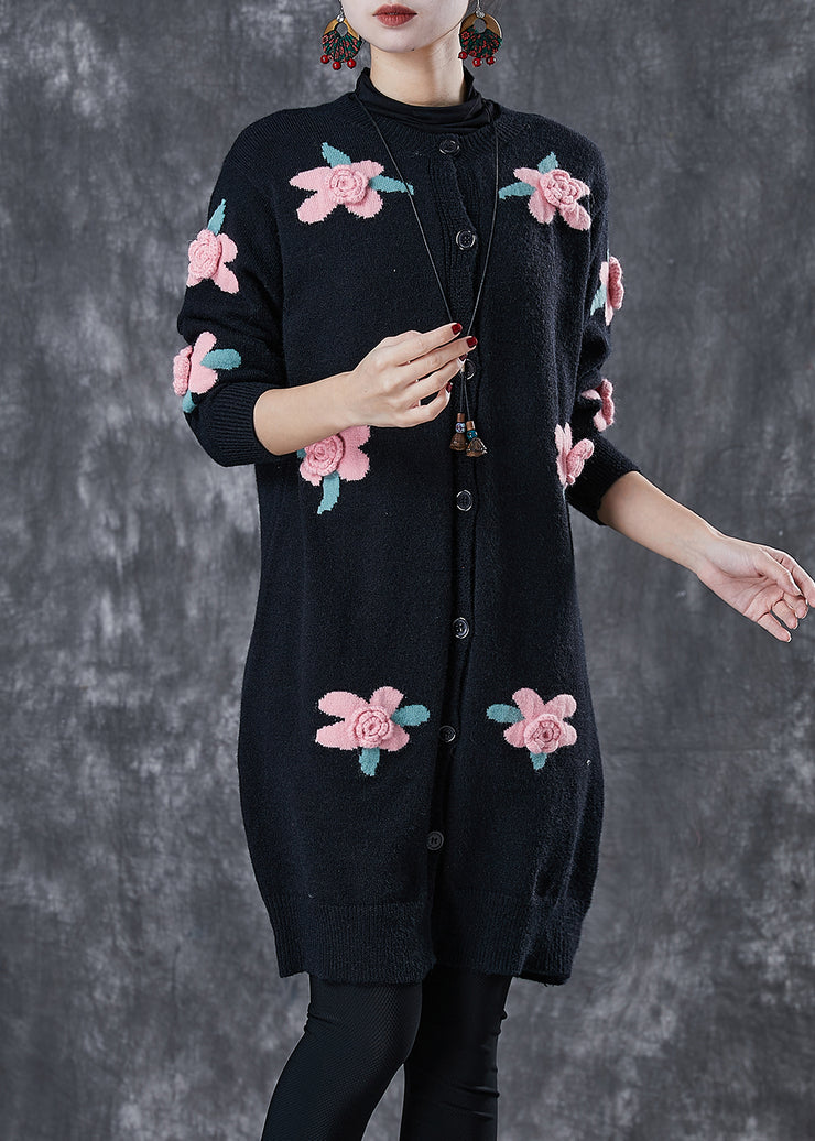 DIY Black Stereoscopic Floral Knit Cardigan Spring