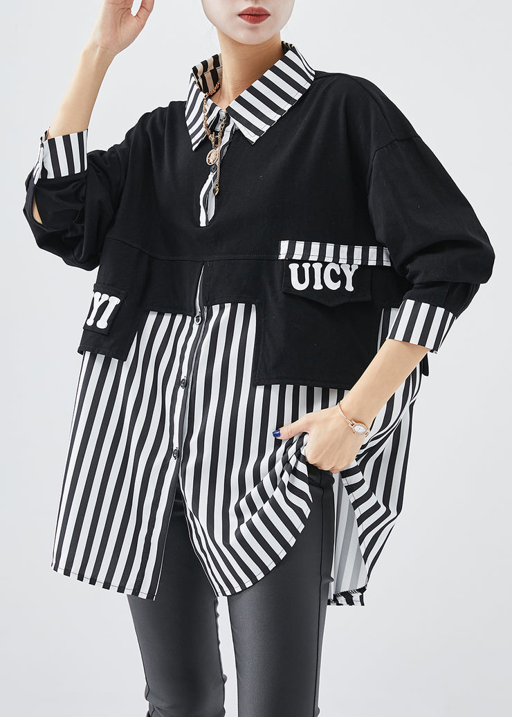 DIY Black Striped Patchwork Cotton Sweatshirt Streetwear Fall