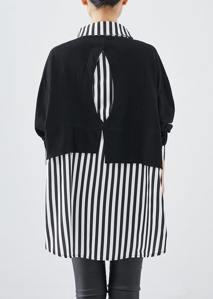 DIY Black Striped Patchwork Cotton Sweatshirt Streetwear Fall
