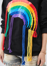 DIY Black Tasseled Rainbow Cotton Sweatshirt Tops Spring