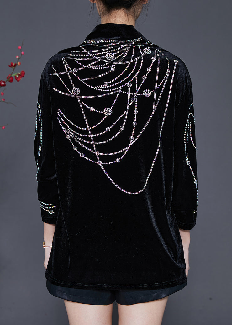 DIY Black Turtle Neck Zircon Silk Velour Shirts Spring