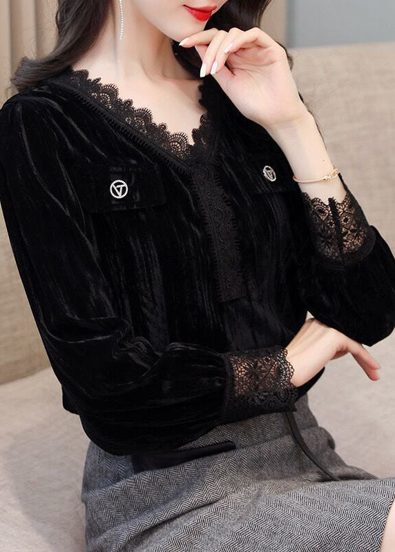 DIY schwarze Patchwork-Seidenvelourshemden mit V-Ausschnitt und langen Ärmeln