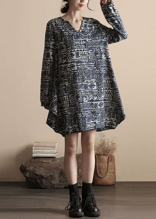 DIY Black V Neck Print Patchwork Linen Dress Spring