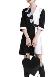 DIY Black White Patchwork PeterPan Collar Bow Sashes Fall Dress Half Sleeve