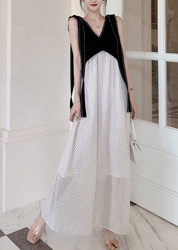 DIY Black White V Neck Patchwork Dot Maxi Dresses Summer