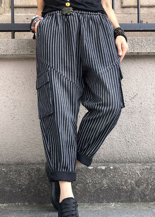 DIY Black high waist Striped denim harem pants Spring