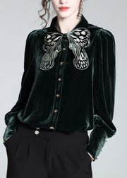 DIY Blackish Green Butterfly Peter Pan Collar Silk Velour Shirt Long Sleeve