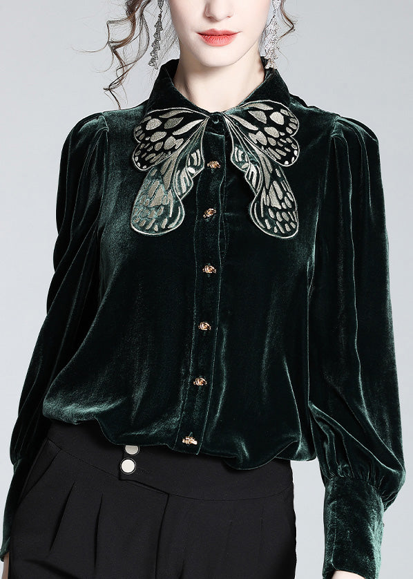 DIY Blackish Green Butterfly Peter Pan Collar Silk Velour Shirt Long Sleeve