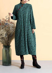 DIY Blackish Green Dotted Tunic Stand Collar Traveling Spring Dress - SooLinen