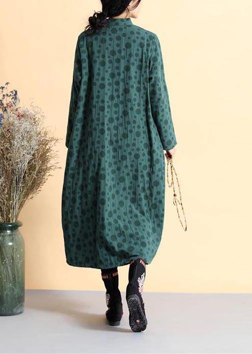 DIY Blackish Green Dotted Tunic Stand Collar Traveling Spring Dress - SooLinen