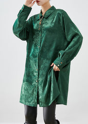 DIY Blackish Green Jacquard Side Open Draping Silk Long Shirt Fall