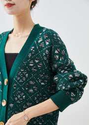 DIY Blackish Green Print Button Warm Knit Loose Coat Fall