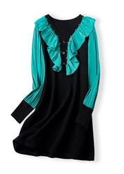 DIY Blackish Green V Neck Ruffled Patchwork Cotton Mid Dresses Spring