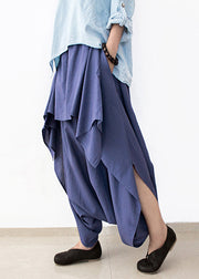 DIY Blue Asymmetrical Design Pockets Linen Pants Skirt Fall