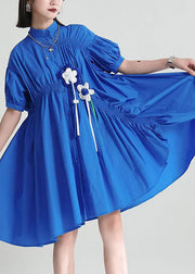 DIY Blue Asymmetrical Wrinkled Applique Cotton Robe Dresses Short Sleeve