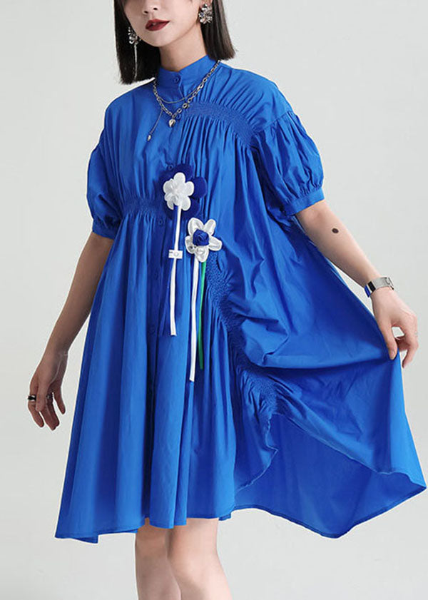 DIY Blue Asymmetrical Wrinkled Applique Cotton Robe Dresses Short Sleeve