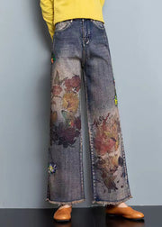DIY Blue High Waist Embroidered Pockets Print Cotton Denim Straight Pants Fall