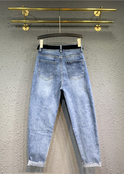 DIY Blue High Waist Pockets Patchwork Denim Pants Fall