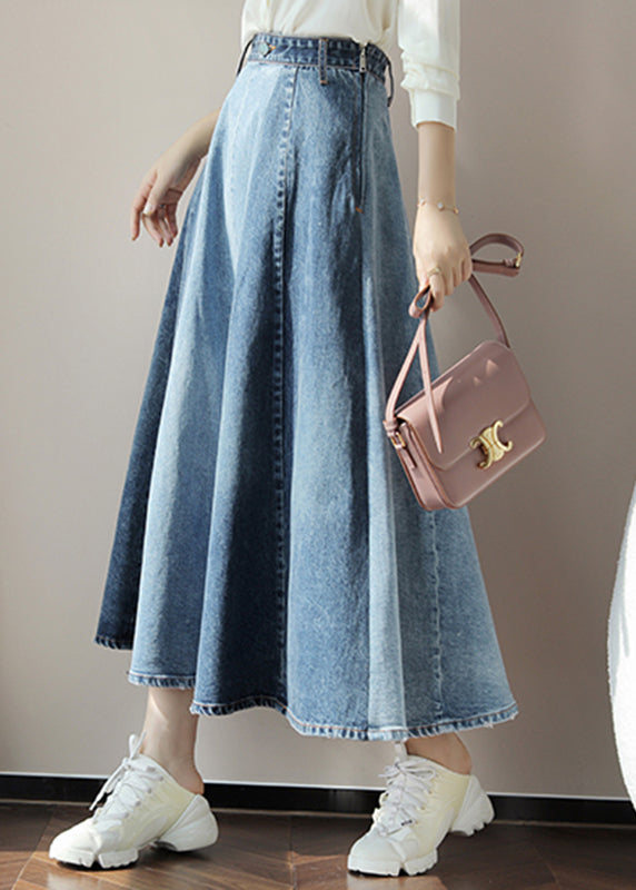 DIY Blue High Waist Sashes Denim A Line Skirts Fall